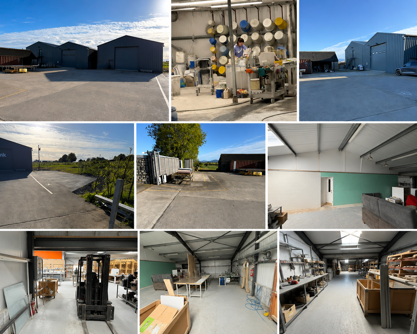 A collage of images showcasing the exterior and interior of a warehouse or industrial storage facility. Includes outdoor views of the building and parking areas, as well as indoor shots of a storage room, workshop, and office space with shelves, equipment, and furniture.