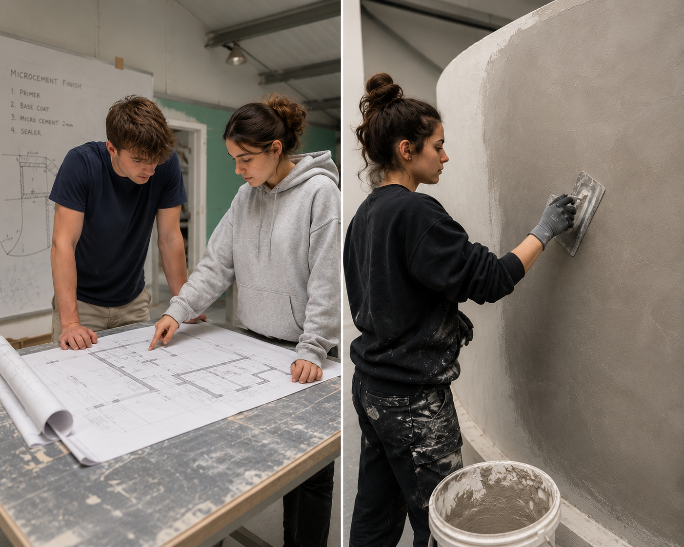 Two people working on architectural blueprints at a desk on the left, and a woman applying a layer of plaster to a wall with a trowel on the right.