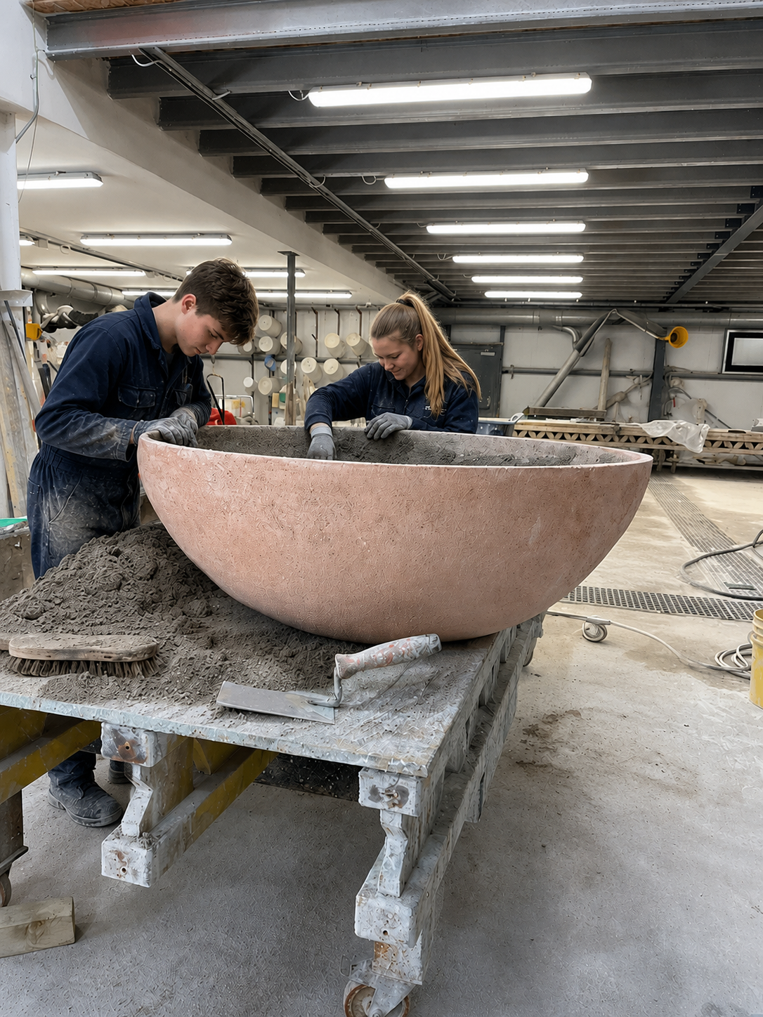 Two people working on a large concrete planter in a workshop. They are shaping or polishing the sculpture, which is placed on a worktable surrounded by dust and tools.