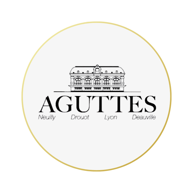 Logo de la marque Aguttes avec dessin d'un bâtiment historique, et les noms des villes Neuilly, Drouot, Lyon, Deauville.