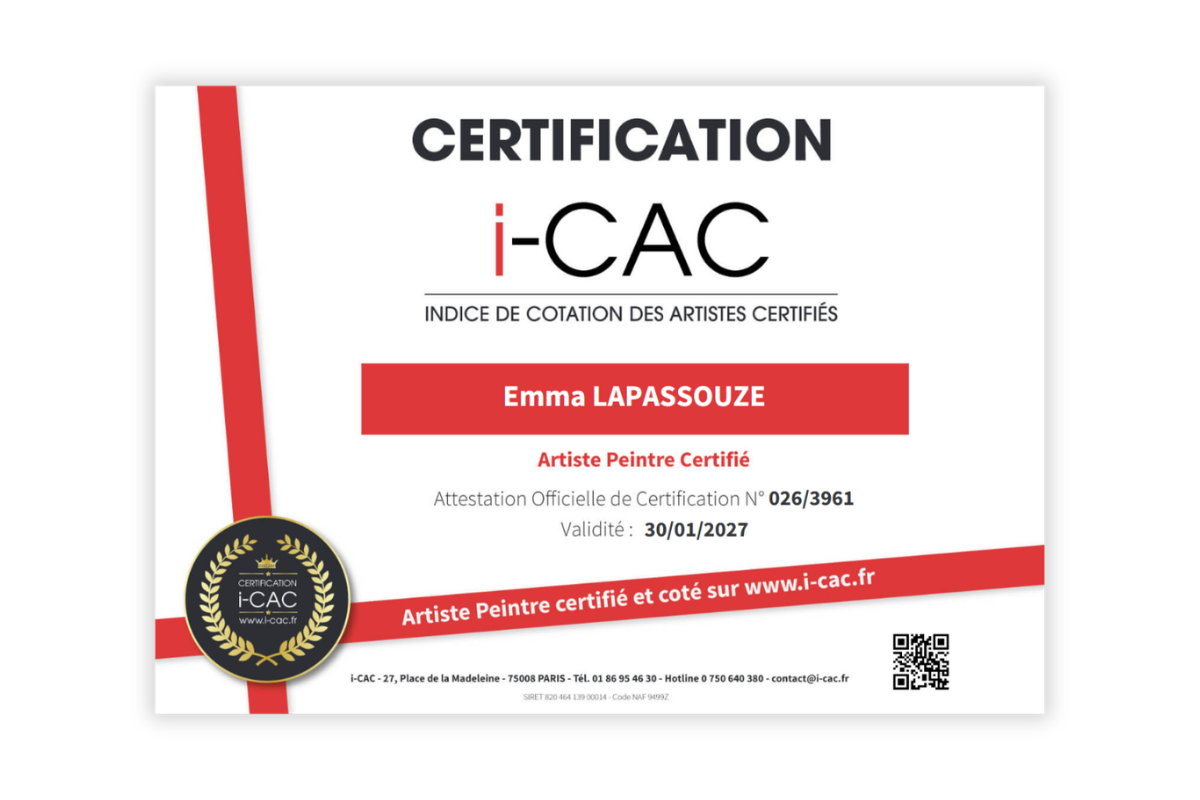 Certificat de peinture pour Emma LAPASSOUZE, artiste peintre certifié, avec numéro d'attestation et date d'expiration, logo de certification i-CAC, QR code en bas à droite.