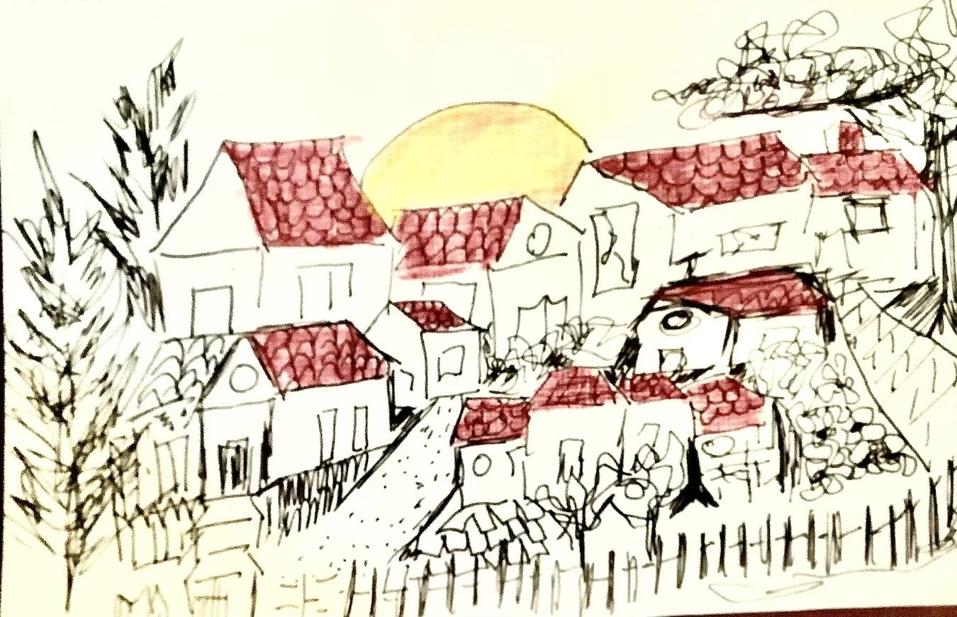 Drawing of homes with red tile roofs and a yellow sunrise