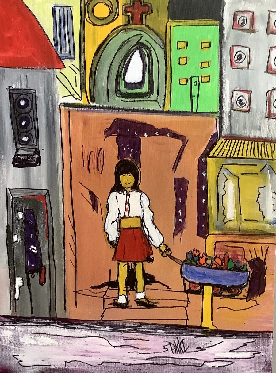 painting of a girl standing outside a store