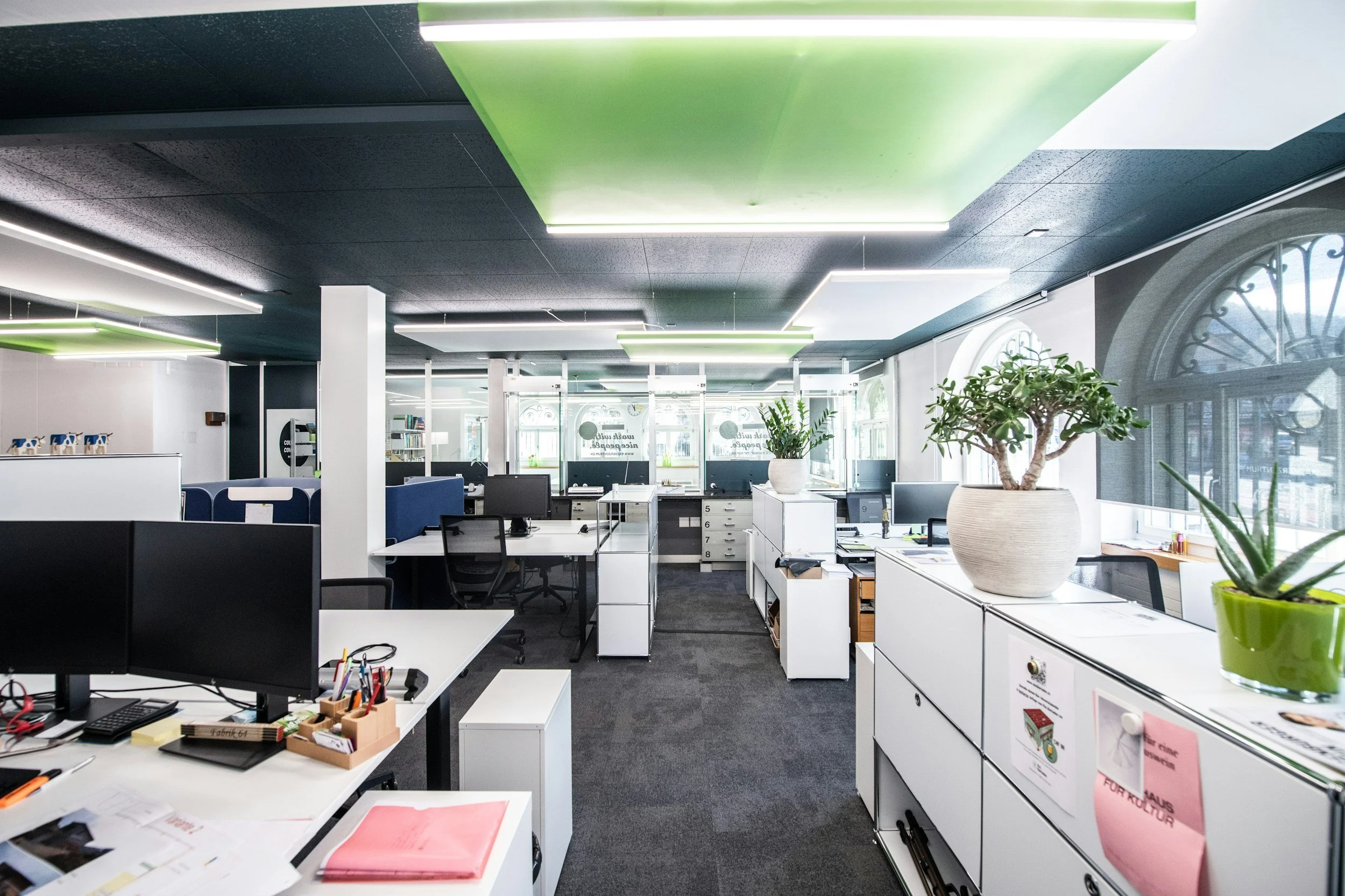 An office space with white desks, black and white chairs, and potted plants, illuminated by modern ceiling lights and large windows. Commercial electrical service in central Oregon and Oregon coast.