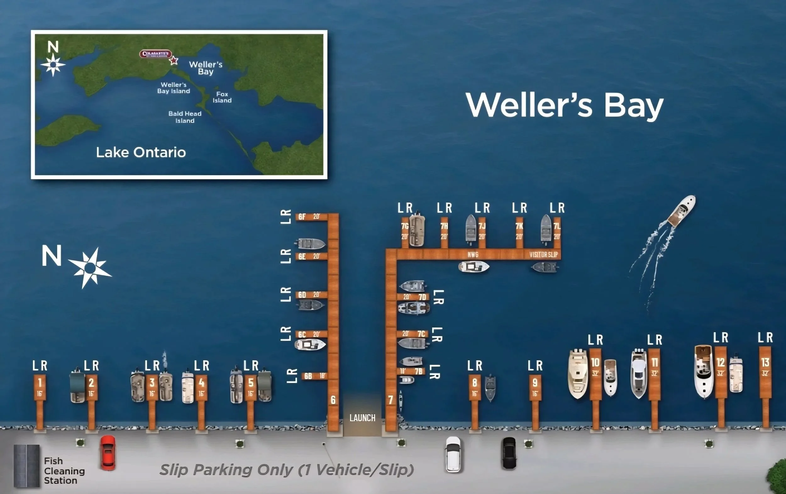 Map of Weller's Bay area on Lake Ontario showing islands and surrounding land. Below, a diagram of a parking lot with numbered and lettered slots, boats parked, and a boat moving through the water.