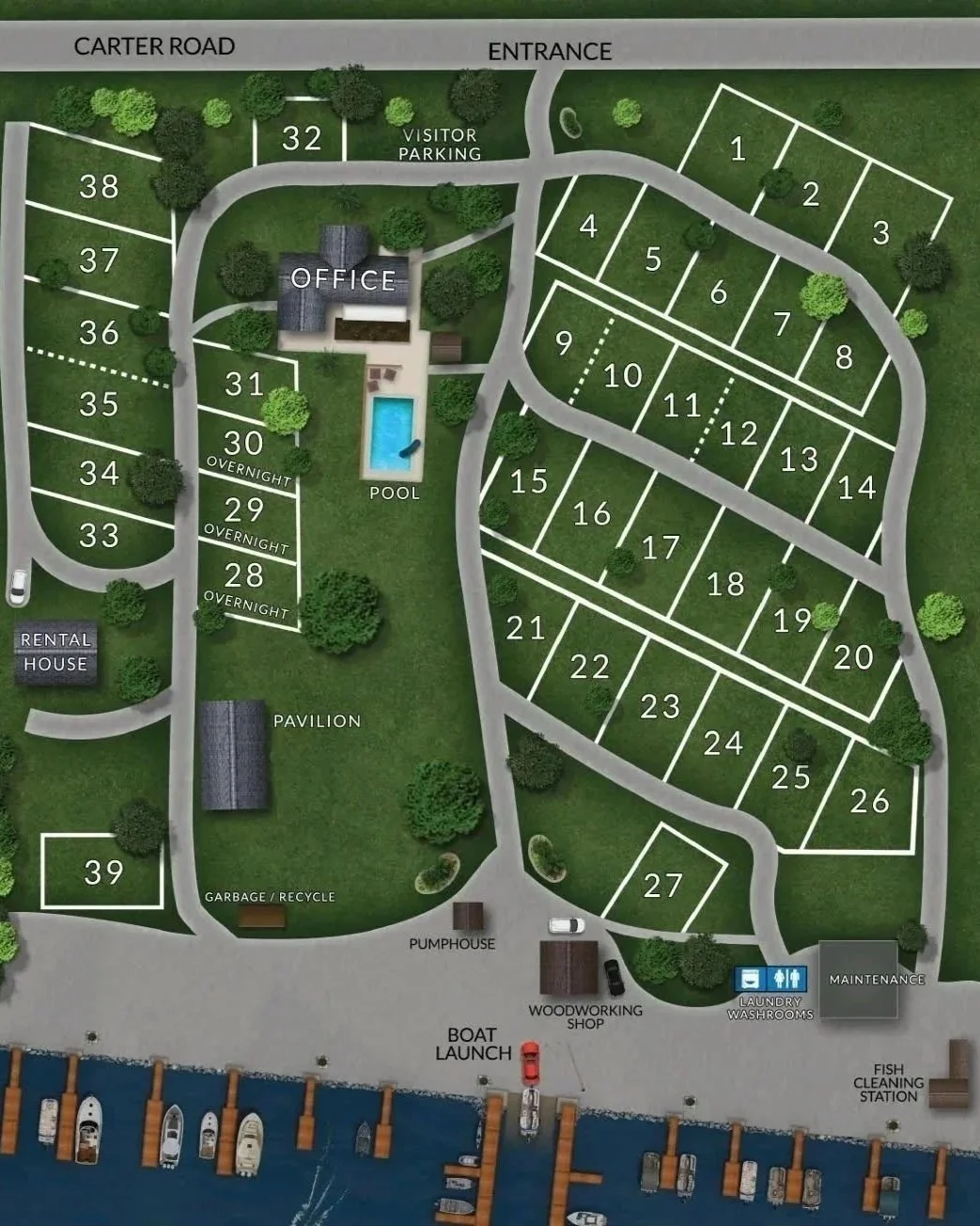 A detailed map of a waterfront resort with numbered guest cottages, an office, pool, pavilion, rental house, garbage area, pumphouse, boat launch, woodworking shop, laundry, washrooms, maintenance, fish cleaning station, and trees.