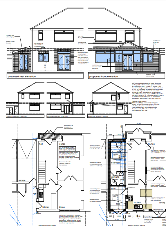Architectural blueprint of a two-story house, showing proposed front and rear elevations, and floor plans for the ground and upper levels, including rooms like kitchen, lounge, bedroom, gym, dining, garage, and hall.