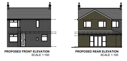 Side-by-side architectural drawings of a house, showing the front and rear elevations in black and white.