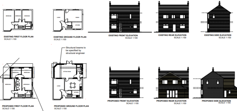 Architectural blueprint with existing and proposed floor plans and elevations of a house, including front, rear, and side views.
