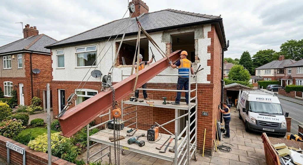 Construction workers installing a large steel beam into a house, with scaffolding, tools, and a white service van nearby.