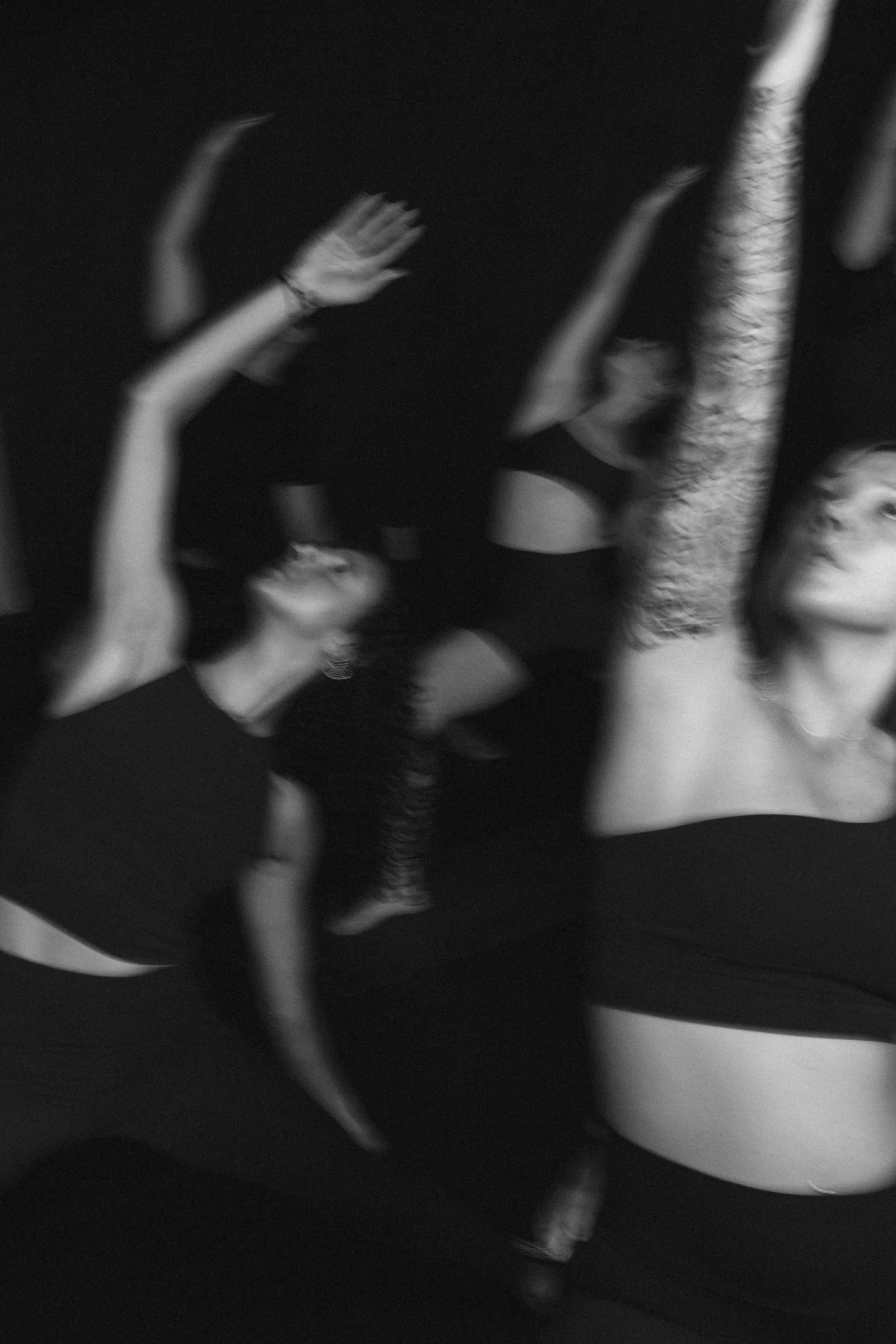 Black and white photo of two women, one with curly hair and the other with straight hair, posing with their arms raised and partially covering their faces.