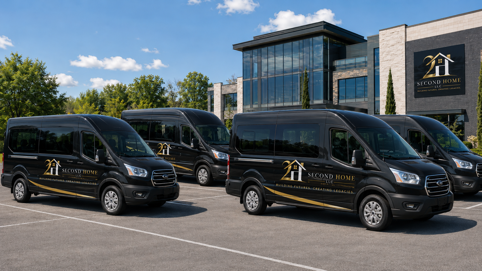 Black company vans parked in front of a modern building with glass windows, bearing the logo and name of Second Home LLC, with trees and a blue sky in the background.