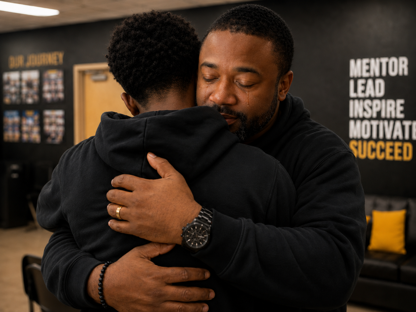 A man with tears on his face hugging another person in a black hoodie in a room with motivational words on the wall.