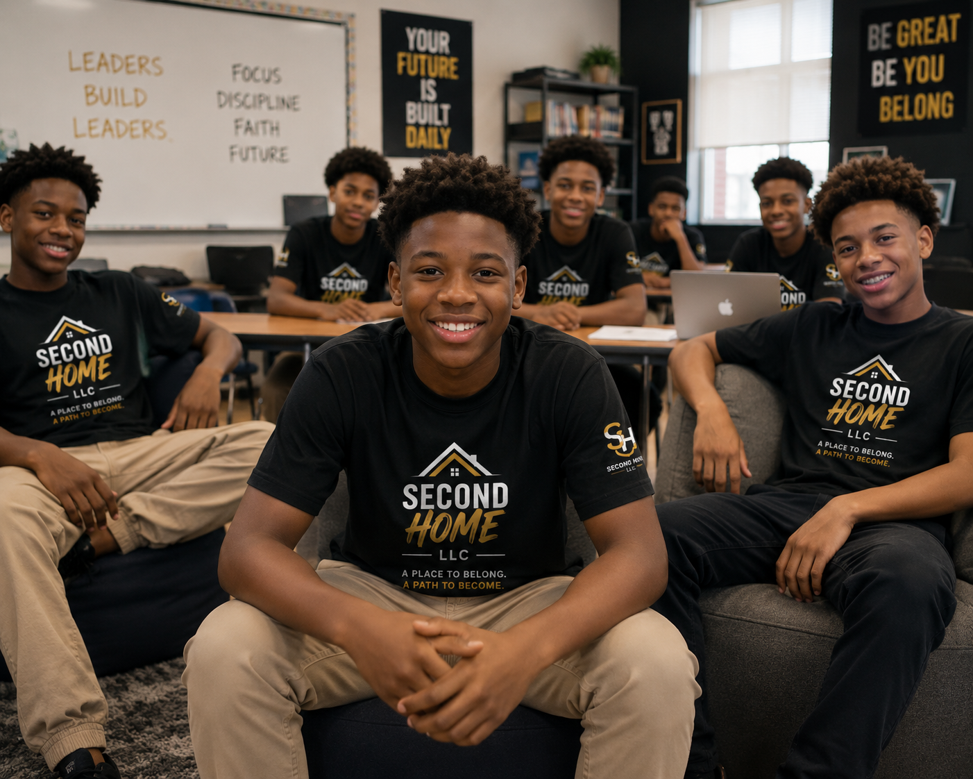 A group of young boys smiling and sitting in a classroom. They are wearing black T-shirts with the logo and text "Second Home LLC: A Place to Belong, A Path to Become." The classroom has motivational posters on the walls and a whiteboard with writing.