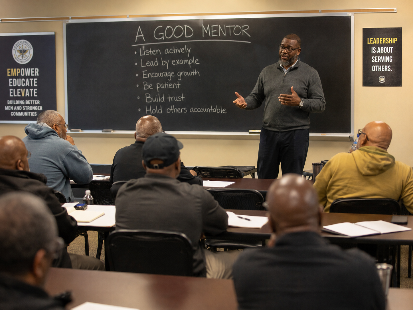 A man giving a presentation to a group of people in a classroom. The blackboard behind him has a list titled 'A Good Mentor' with tips like 'Listen actively' and 'Build trust.' There are posters on the walls with motivational messages about leadership and community building.