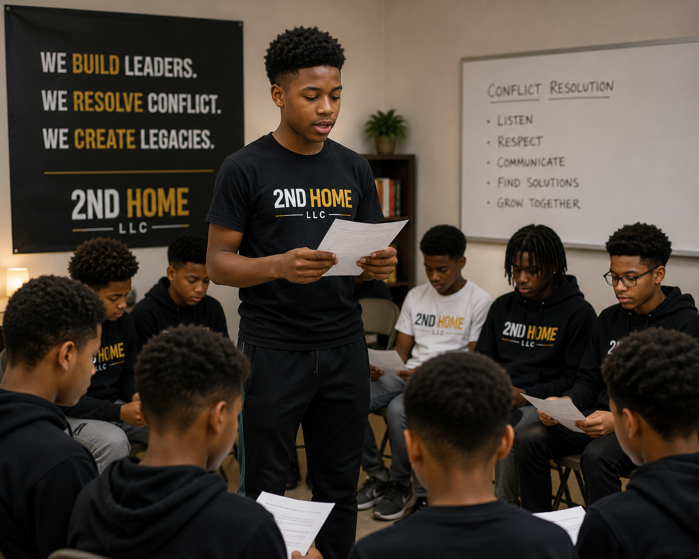 Group of young men attending a team meeting in a classroom, wearing black and white t-shirts with a logo that reads '2nd Home LLC', with a whiteboard displaying conflict resolution steps and a poster that states 'We build leaders, resolve conflict, create legacies.'