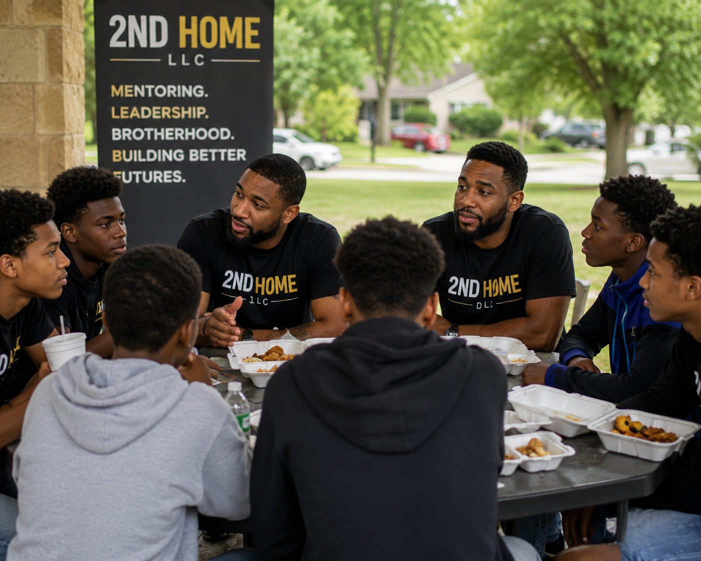 Group of young men and boys having a discussion at a table outdoors, with two men wearing black shirts with '2ND HOME LLC' logo, and a banner in the background highlighting mentoring, leadership, brotherhood, and building better futures.