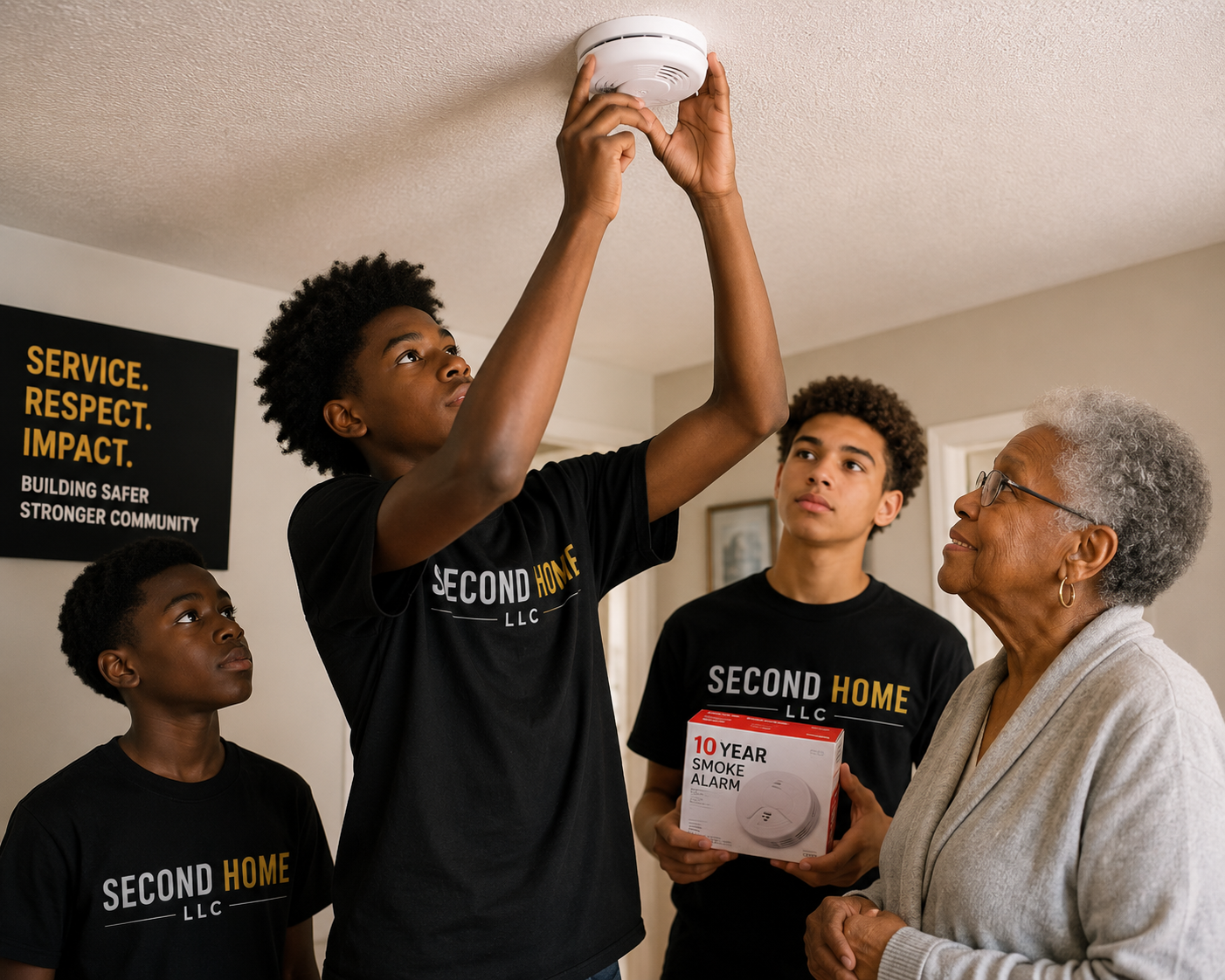 Four people, three young men in black T-shirts and an elderly woman, are installing a smoke alarm on the ceiling. One young man is holding the alarm, while a second young man is holding the box. The elderly woman looks on. There is a sign on the wall that reads, 'SERVICE. RESPECT. IMPACT. BUILDING SAFER STRONGER COMMUNITY.'