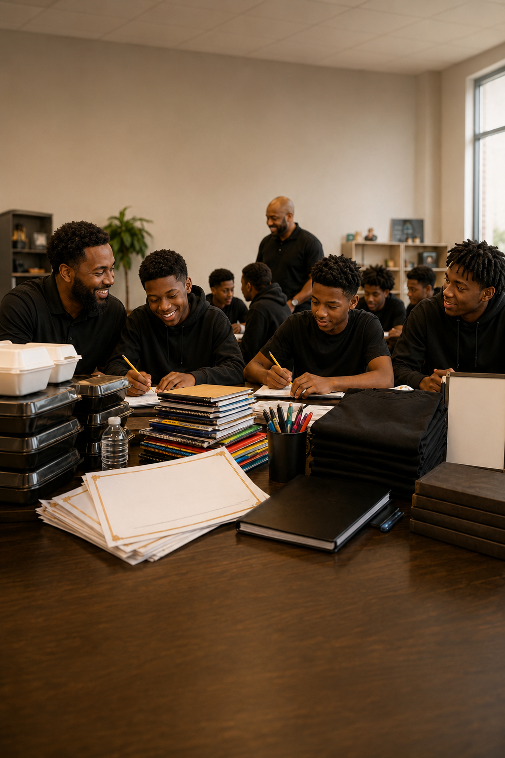 Group of students and teacher working together in a classroom, smiling and engaging with their notebooks and work materials on the table.