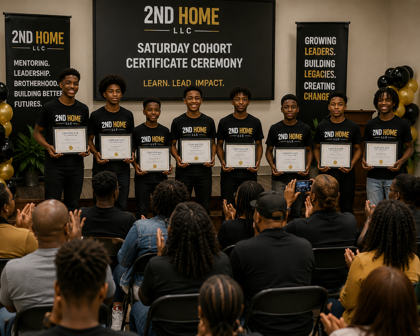 Young men standing on stage holding certificates during a ceremony, with an audience clapping in front of them. The backdrop displays the text '2ND HOME LLC SATURDAY COHORT CERTIFICATE CEREMONY LEARN. LEAD. IMPACT.' They are wearing black T-shirts with the same logo.
