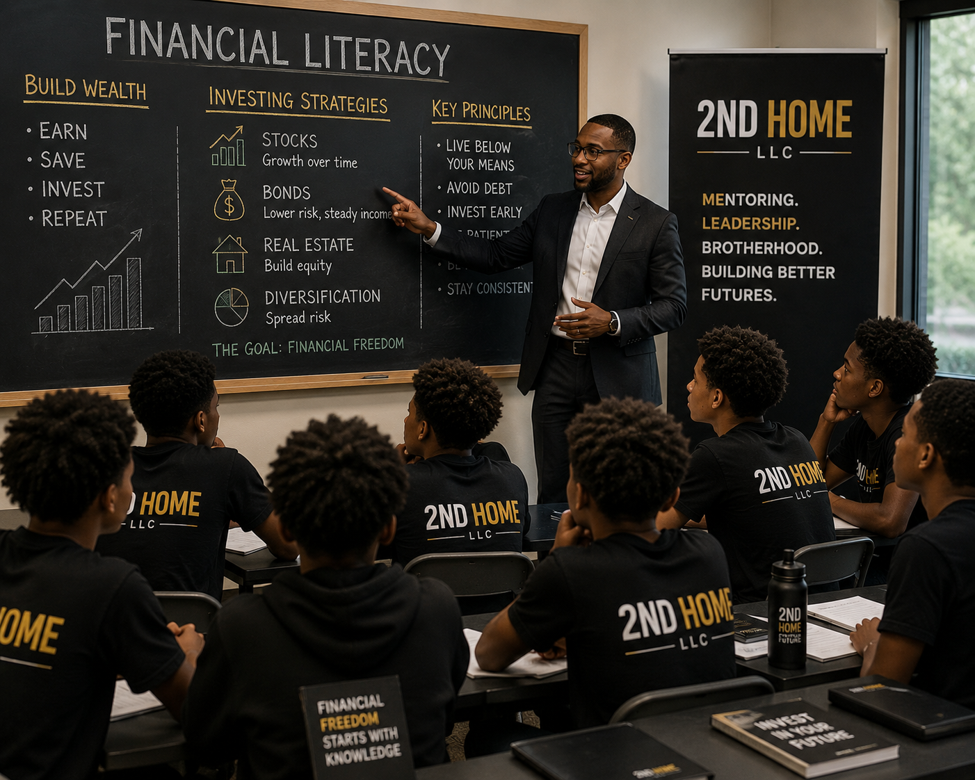 A financial literacy class with an instructor teaching students about investing strategies and key principles, with students wearing black shirts labeled '2nd Home LLC' and sitting at desks with notebooks and a water bottle.