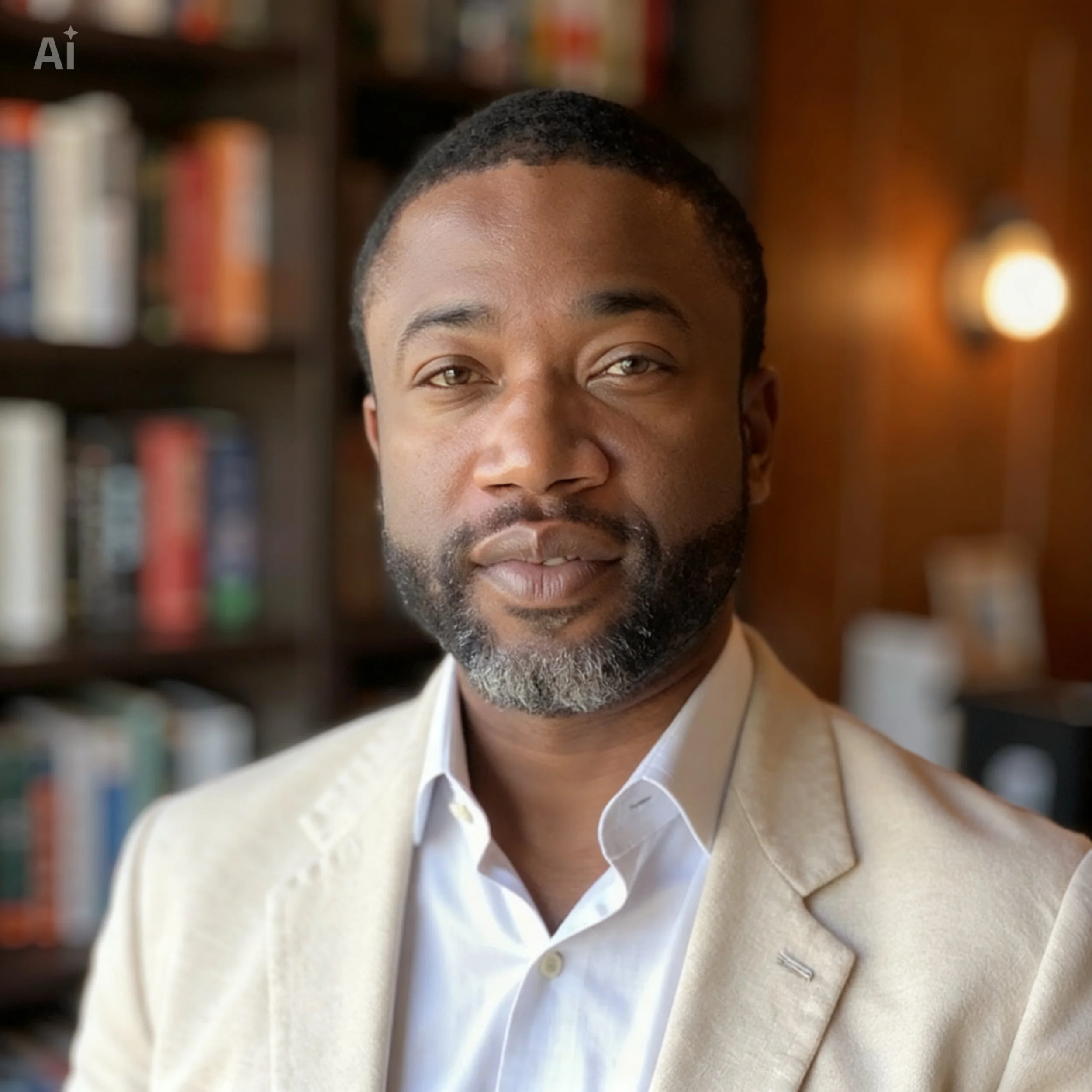 A person with short hair, a beard, and light brown skin, wearing a white shirt and beige sweater, standing in front of a bookshelf in a library.