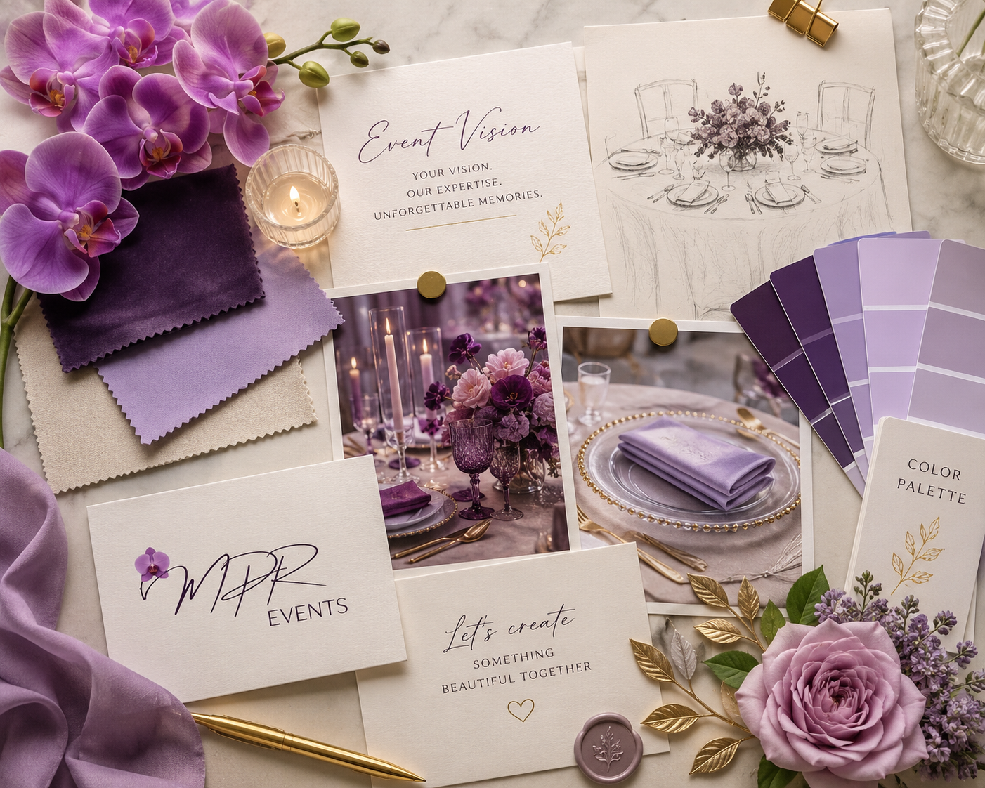 Decorative flat lay of wedding or event planning materials in shades of purple and lavender, including flowers, fabric samples, printed cards, photographs, color palette, sketches, and gold accents.