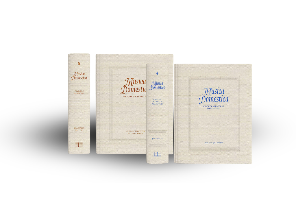 Set of two music books titled 'Musica Domestica,' featuring poetry, hymns, and folk songs by Andrew Goldstein, with different spine designs and cover layouts.