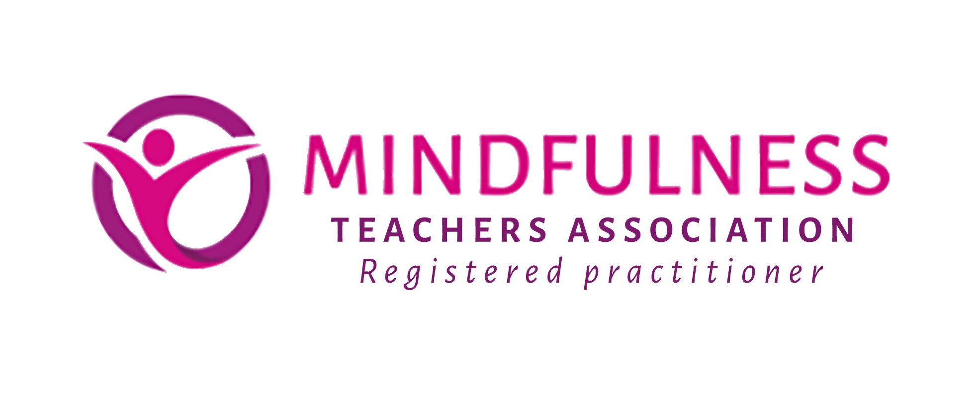 Logo of the Mindfulness Teachers Association, with stylized pink human figure and purple circle, and text indicating registered practitioner status.