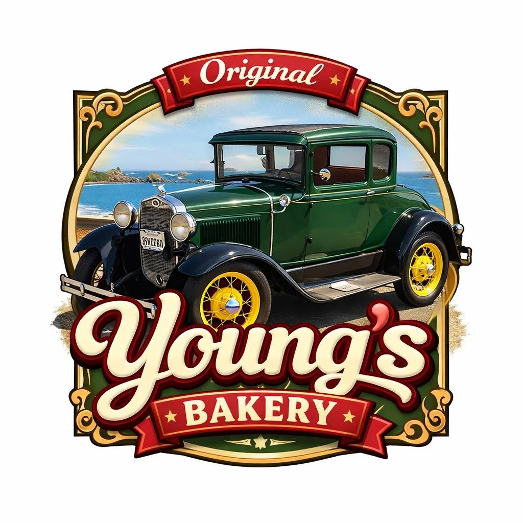 A vintage green car with yellow wheels in front of a seaside background, with the text 'Young's Bakery' and 'Original' on a decorative badge.