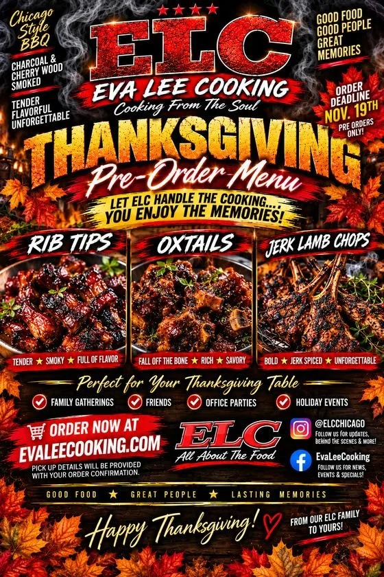 Thanksgiving pre-order menu flyer: rib tips, oxtails and jerk lamb chops. Order deadline Nov 19.