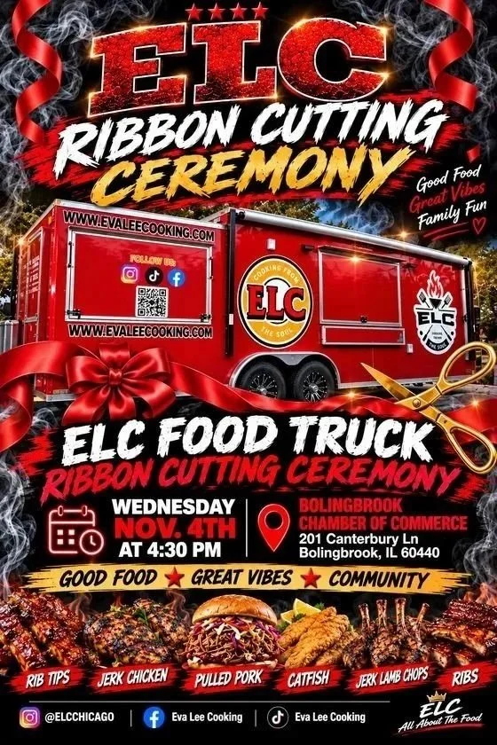 ELC food truck ribbon cutting ceremony flyer: Wednesday Nov 4 at 4:30 PM, Bolingbrook Chamber of Commerce, 201 Canterbury Ln.