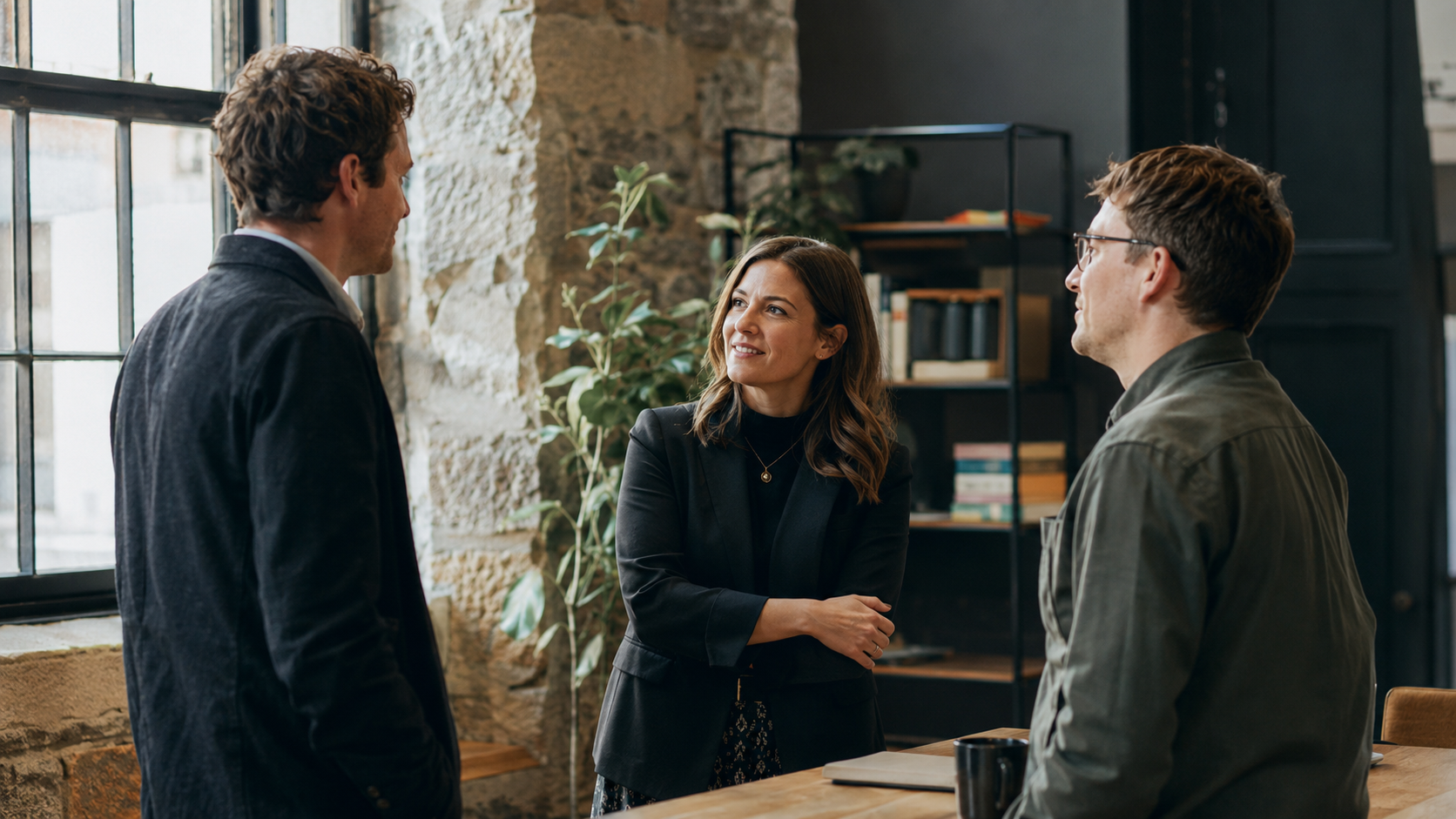 Three people having a conversation in an office with large windows and exposed brick walls.