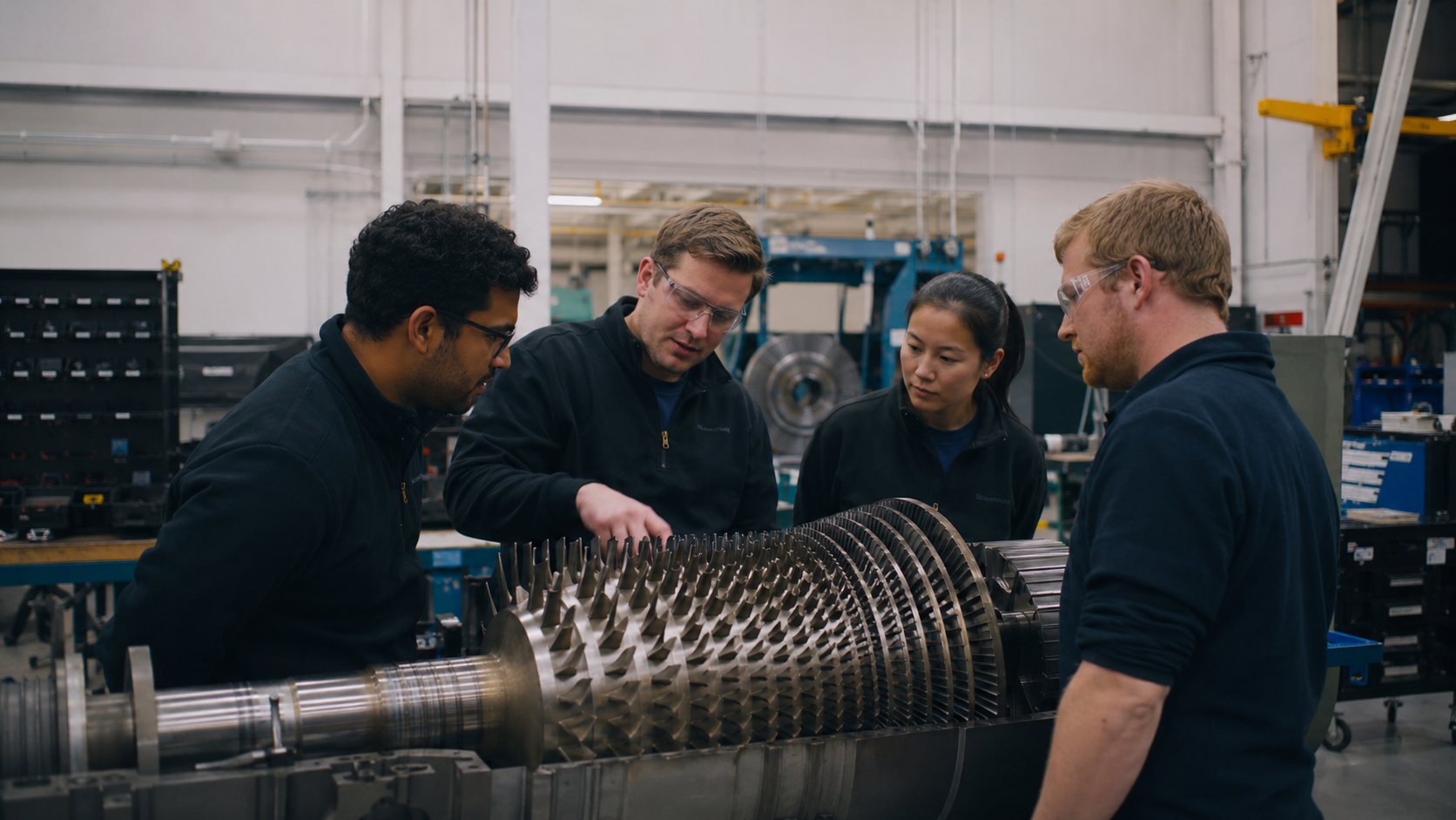 Four engineers wearing safety glasses examine a large industrial turbine inside a factory or workshop.