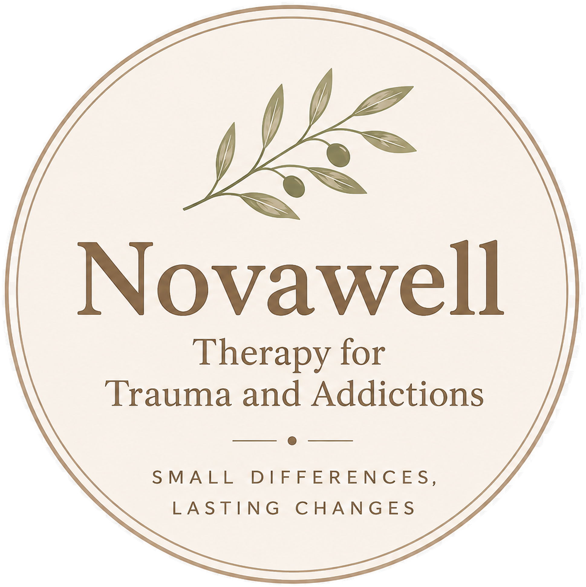 A round sign with a beige background and a thin brown border, featuring a green olive branch illustration and the text 'Noxygenal Therapy for Trauma and Addictions.' The lower part of the sign contains additional text in smaller font, but it is partially cut off.