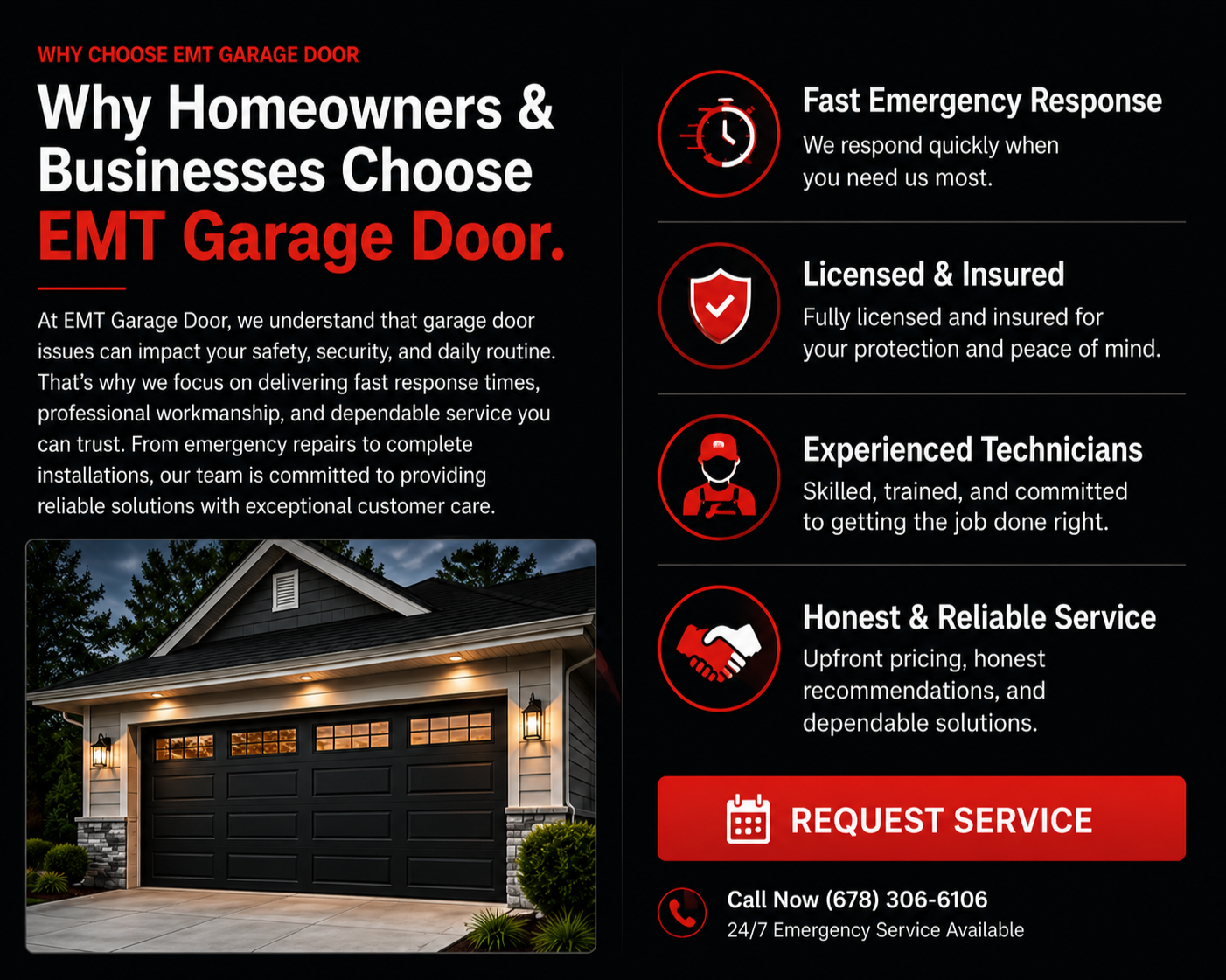 Flyer for EMT Garage Door highlighting reasons to choose their services, including fast emergency response, licensed and insured technicians, experienced staff, and reliable service. The flyer features a photo of a modern garage with black door, and a red button with a calendar icon that says 'Request Service.'