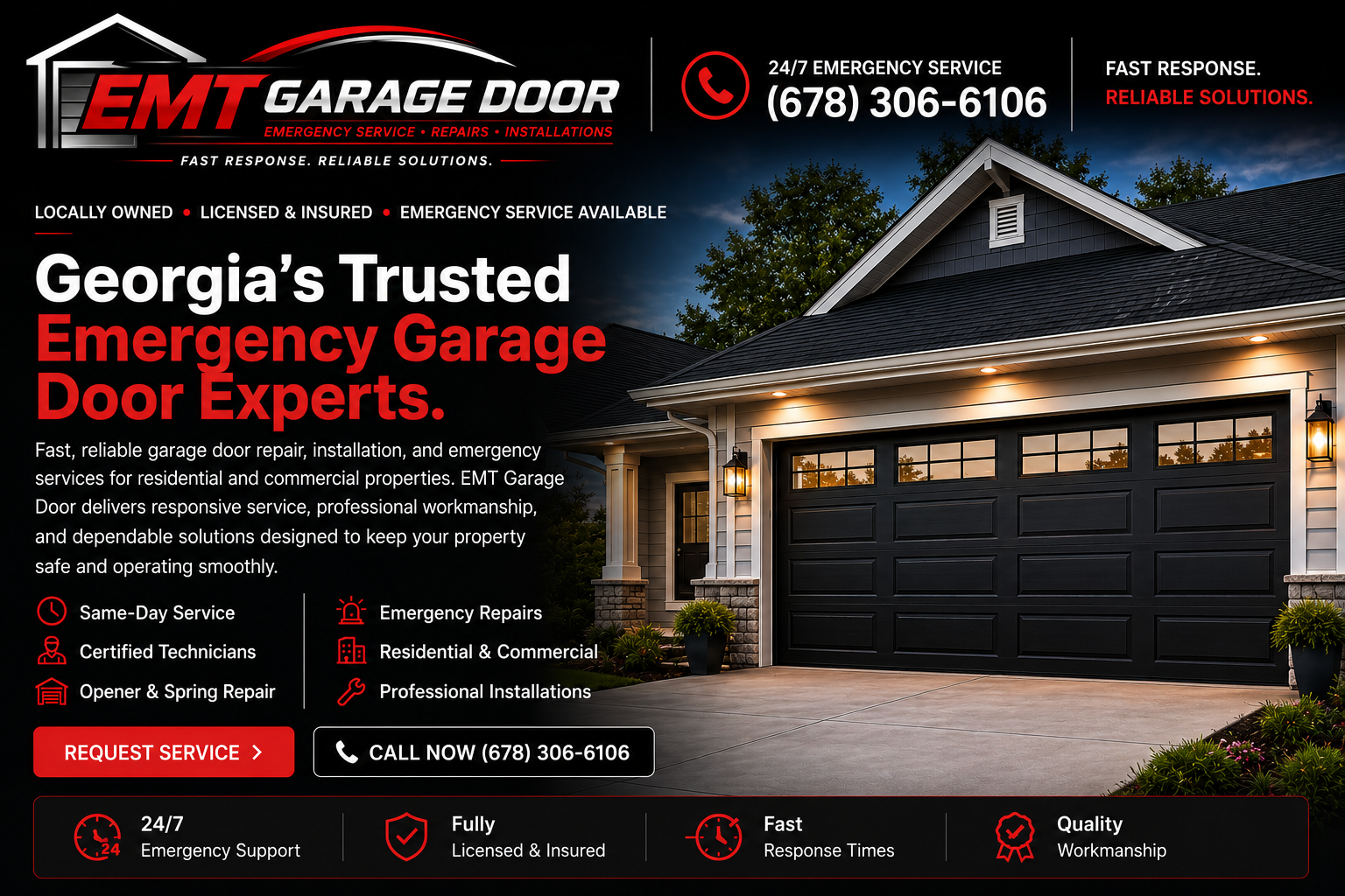 Advertisement for EMT Garage Door featuring a modern garage with black door and exterior lighting, highlighting emergency garage door services in Georgia.