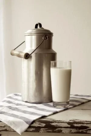 A metal milk can with a handle and a spout, alongside a glass of milk on a striped cloth surface.