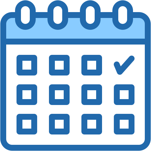 A calendar icon with a blue outline and a check mark on one of the dates.