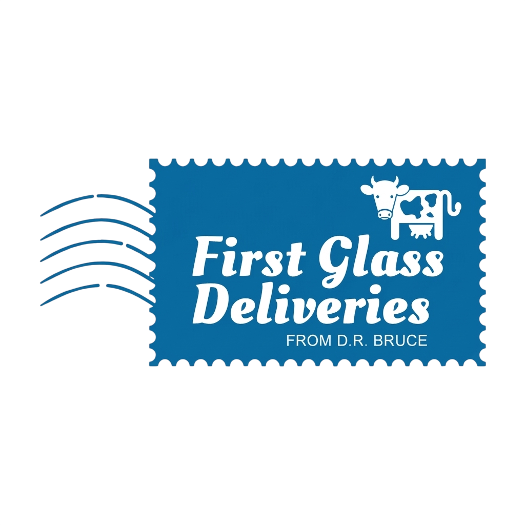 Book titled 'First Glass Deliveries' by D.R. Bruce, featuring a stylized cow illustration on a blue background.