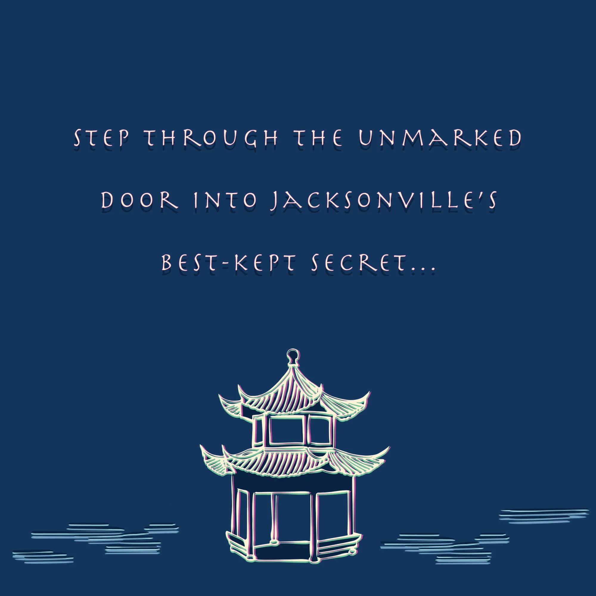 Neon outline of a traditional Asian pagoda with water and reflections in the foreground, against a dark blue background with text overlay.