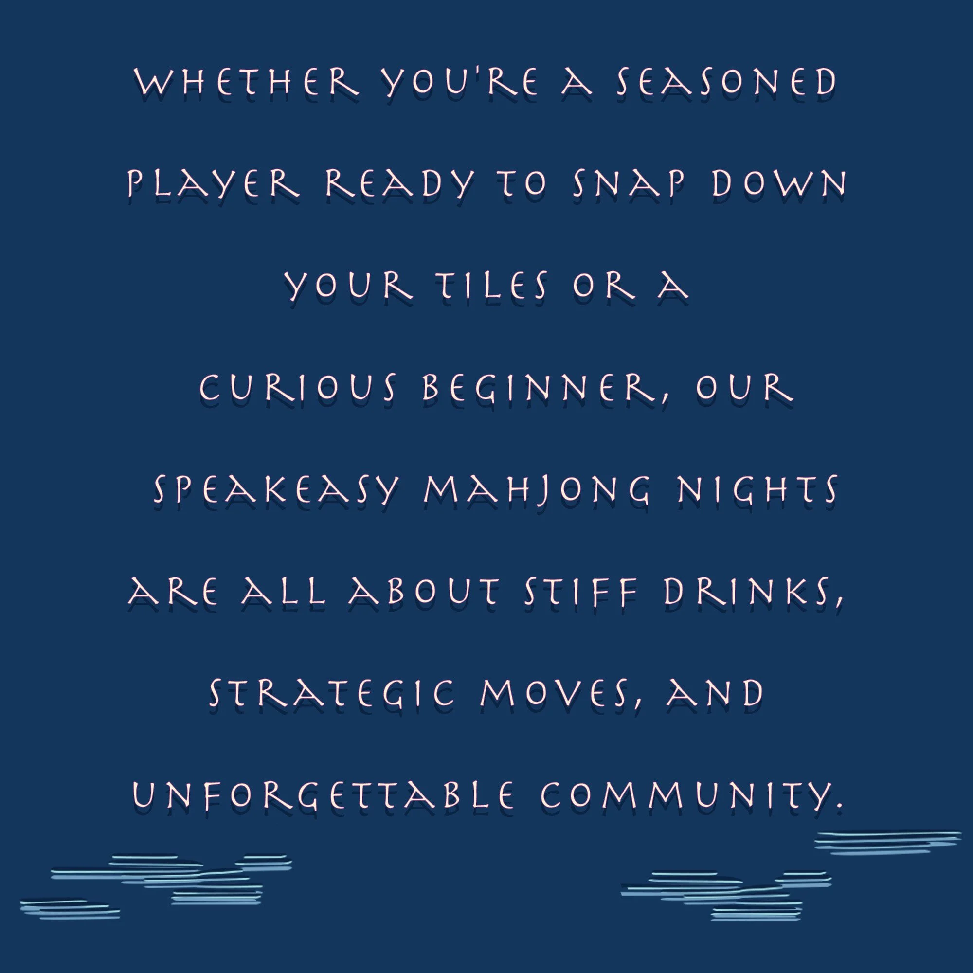 Quote on a dark blue background about community and strategic moves, with stylized purple text reflecting on a lake or water surface.