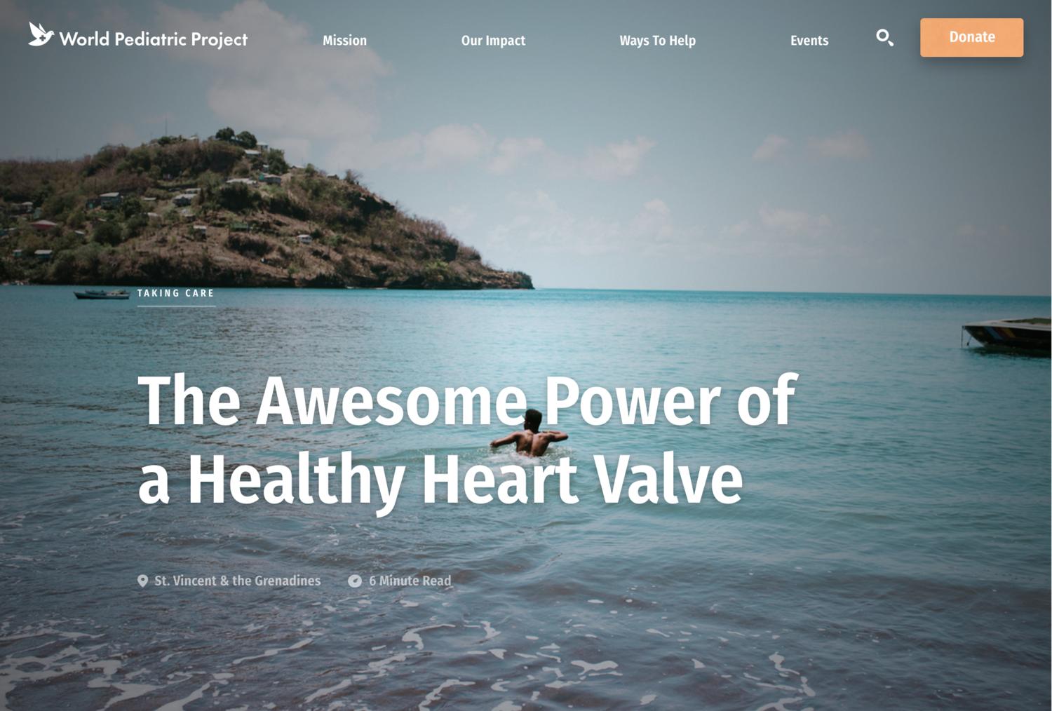 A person swimming in a calm ocean near a shoreline with hills and houses in the background, promoting a healthy heart message on a website.
