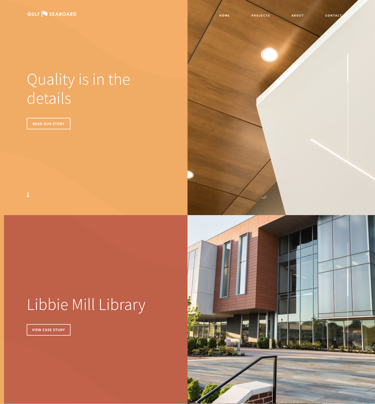 Website homepage for Gulf Seaboard featuring sections on quality in the details with a wooden ceiling interior photo and Libbie Mill Library exterior photo with glass windows and modern architecture.