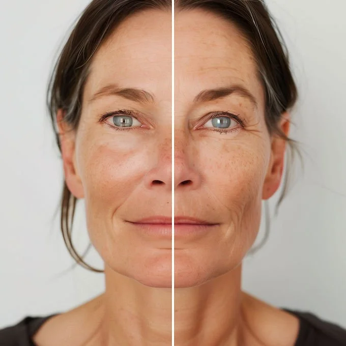 Side-by-side comparison of a woman showing youthful and aged skin, highlighting skin changes with age.