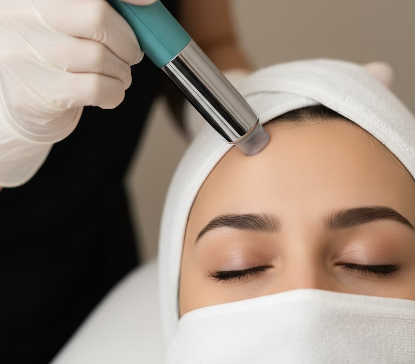 A woman receiving a skincare treatment with a handheld device on her forehead in a spa or clinic setting.