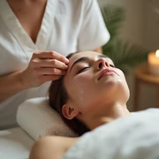 A woman receiving a facial treatment from an esthetician in a spa setting, lying with eyes closed.