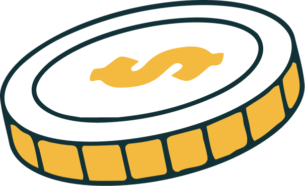 A cartoon illustration of a dollar coin with a dollar sign in the center.