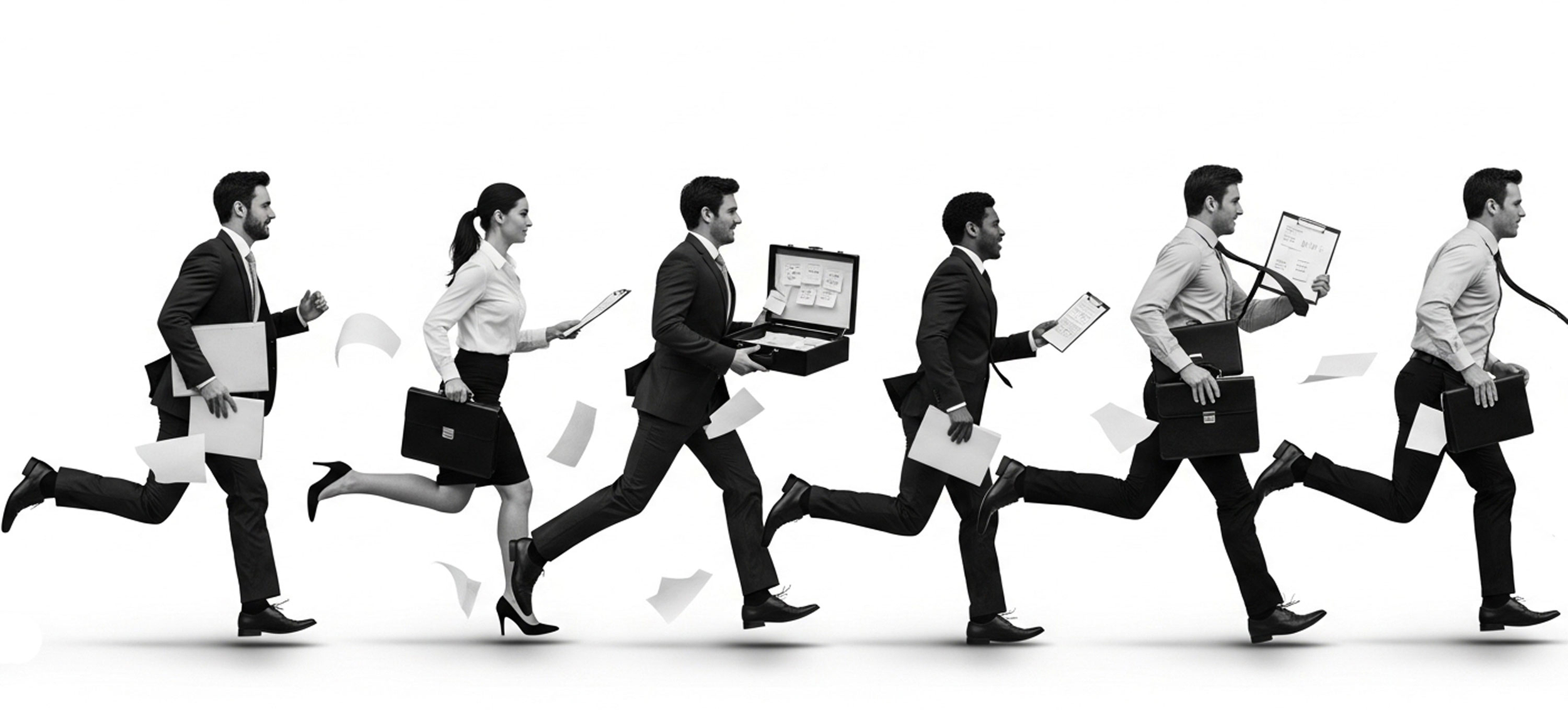 Business professionals dressed in formal attire running with briefcases and documents. The image is in black and white, depicting people in a dynamic, hurried motion.