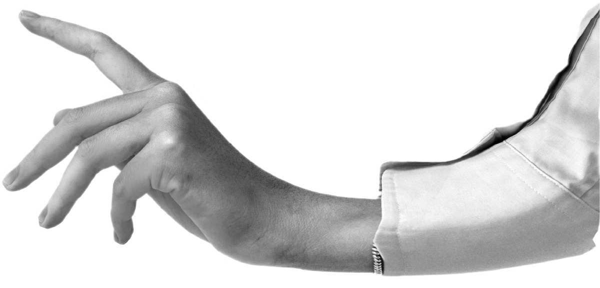 Close-up of a human hand and arm extended straight with fingers slightly spread, wearing a light-colored long sleeve shirt against a white background.